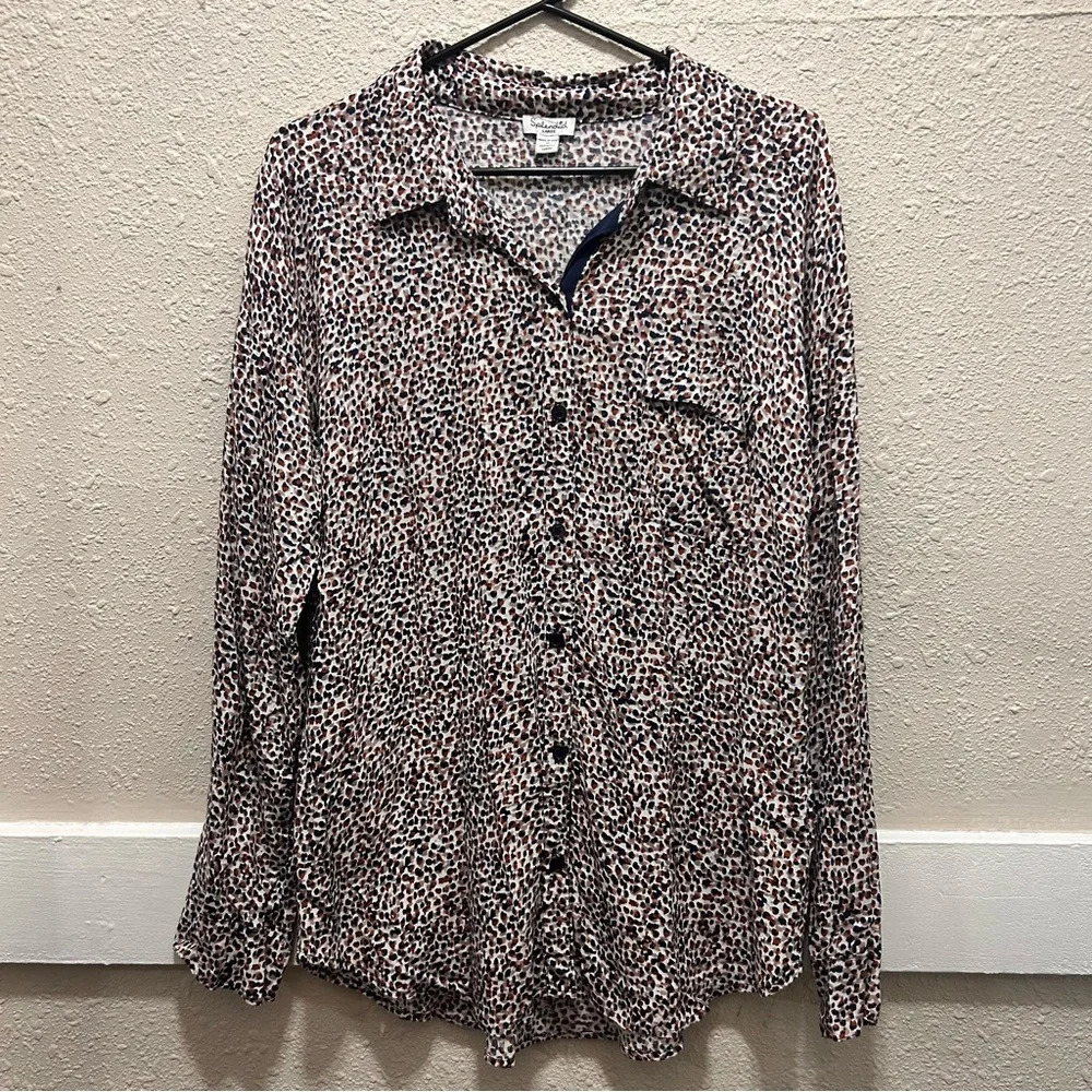 Splendid Navy and Burnt Orange Patterned Button Down Blouse Large